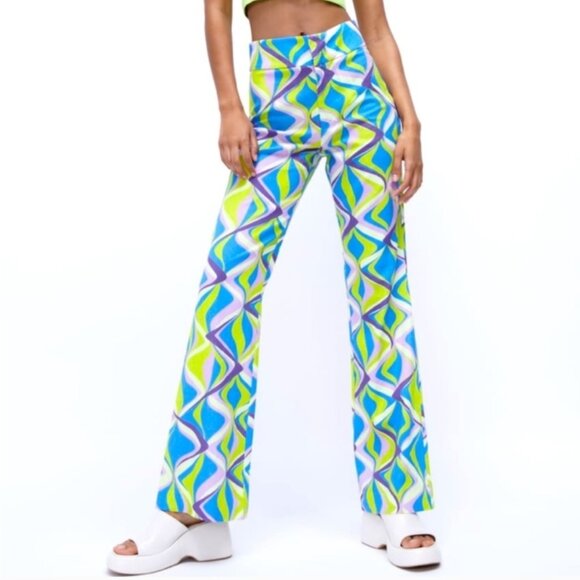 Zara Linen Blend Printed High Rise Flare Leg Pants Size Small - Picture 1 of 12